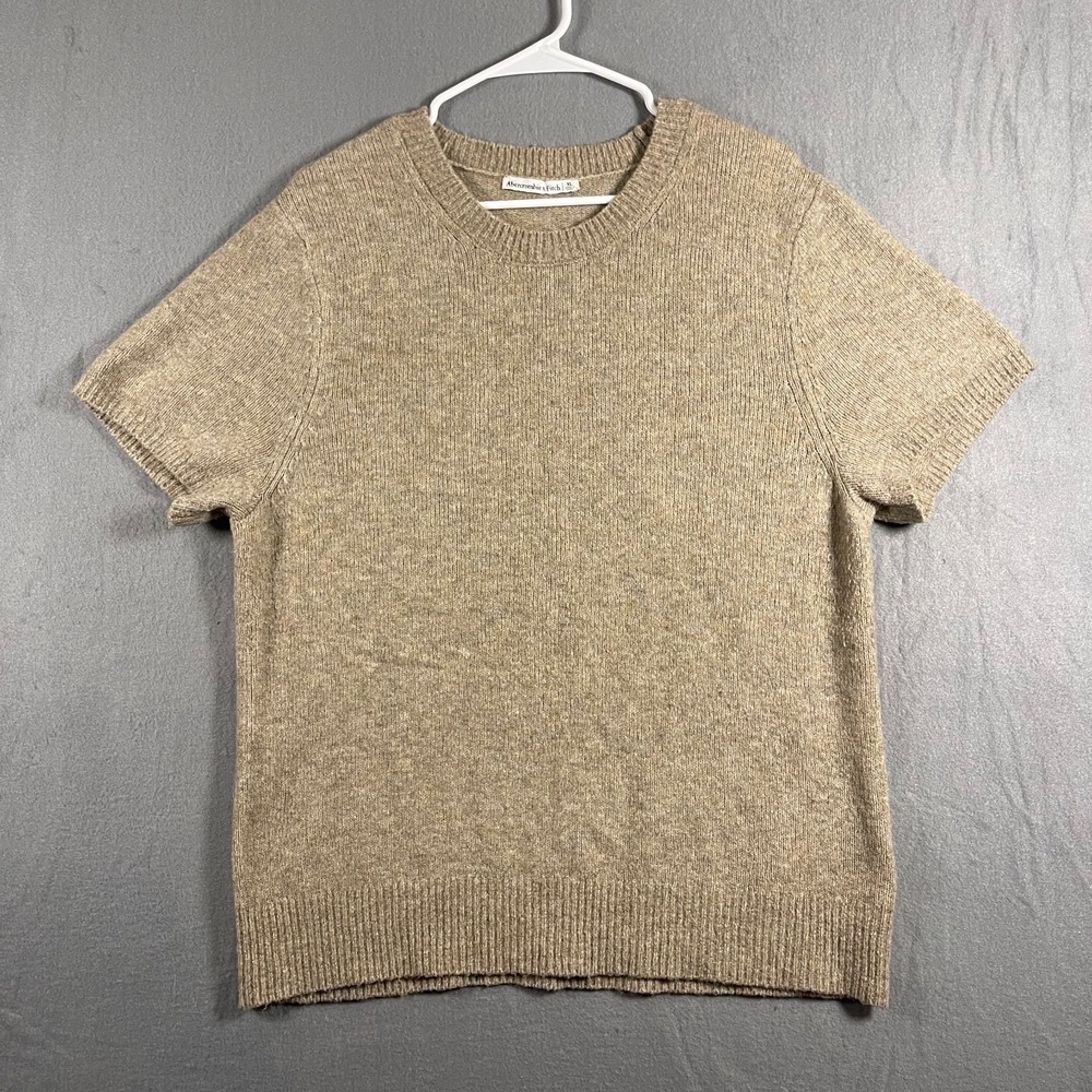 Abercrombie & Fitch Women XL Wool Blend Short Sleeve Sweater Tan Brown Crewneck